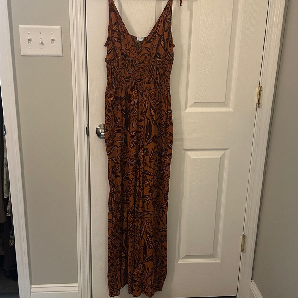 Patrons of Peace Jumpsuit LARGE Tropical Tie Strap Floral Botanical Brown Orange